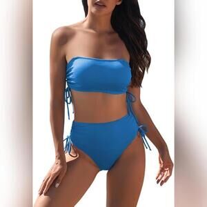 NWOT Pink Queen 2 Piece High Waisted Bandeau Ruched Bikini Set Swimsuit,L(12-14)